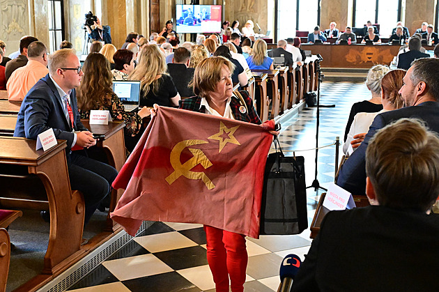 Na schůzi zastupitelů Brna donesla žena sovětskou vlajku, vykřikovala o kolaboraci